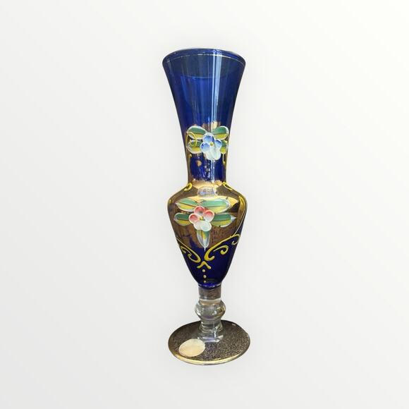Bohemian Vintage Art Glass Cobalt Blue Hand Painted Enamel Flowers Gilded Vase - Picture 8 of 8
